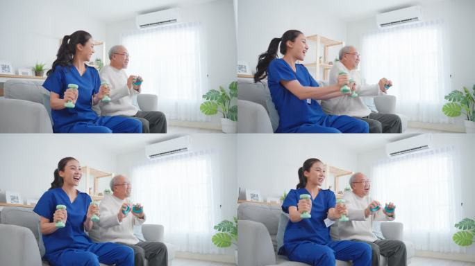 亚洲资深滑稽男子在护士的支持下进行物理治疗。老年男性患者坐在起居室的沙发上，在家里与治疗师医生进行哑