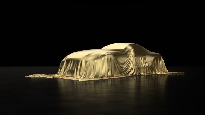 一辆豪华轿车的3D动画，覆盖着一块金布