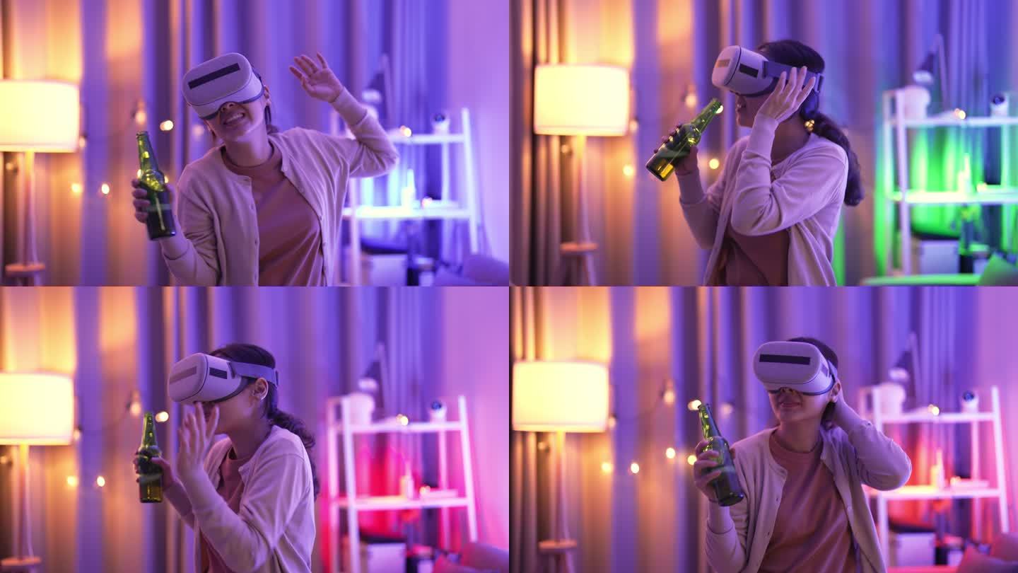 快乐女孩戴着虚拟现实耳机跳舞，沉浸在虚拟现实派对中