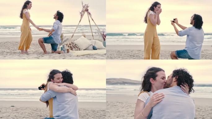 一对幸福的年轻夫妇在海滩求婚。一个年轻人向女友展示订婚戒指