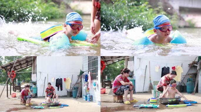 小孩在农村老家河流玩水和游泳