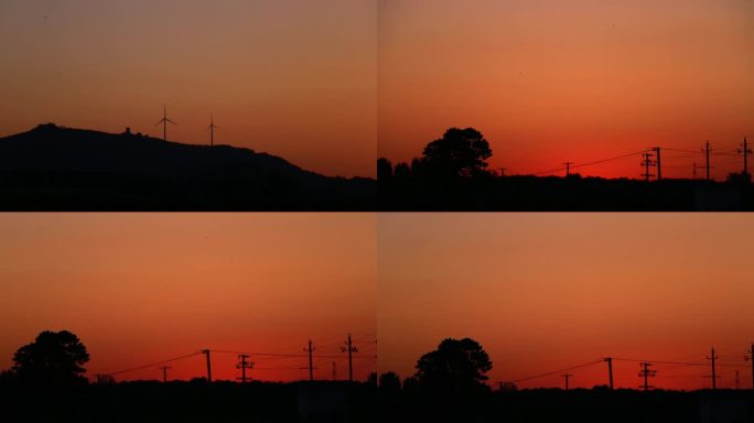 山脉风车夕阳朝阳逆光剪影