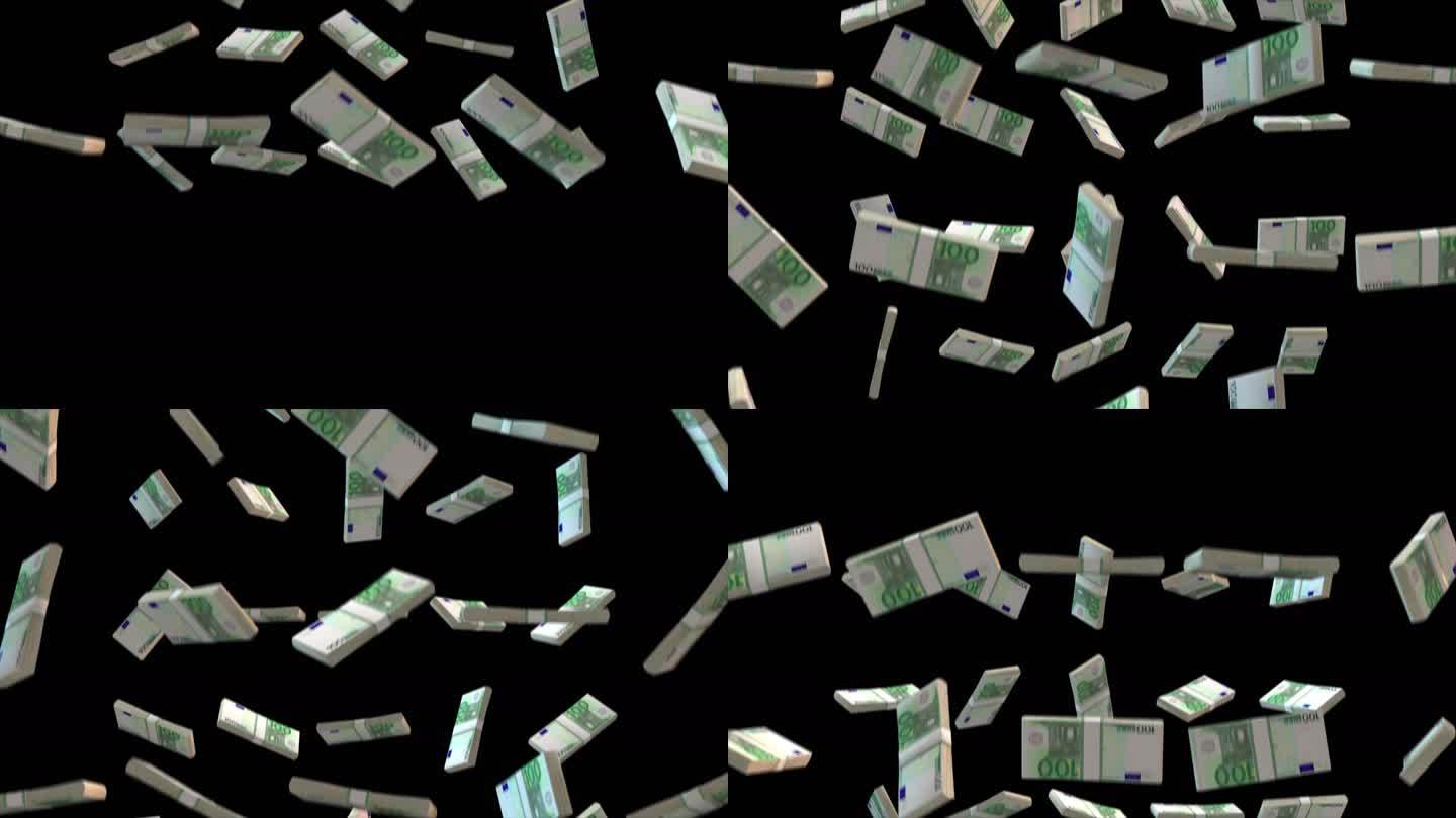 4K纸币落在透明背景上，运动模糊，100欧元纸币落下，欧盟，货币，叠加阴影，只需在时间表或项目上拖放