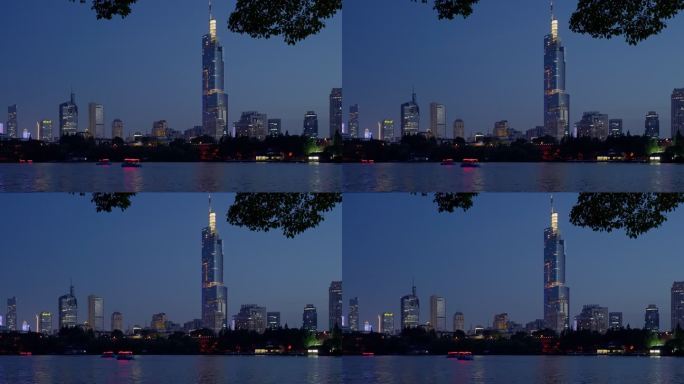 4K实时拍摄从玄武湖看南京城市天际线夜景