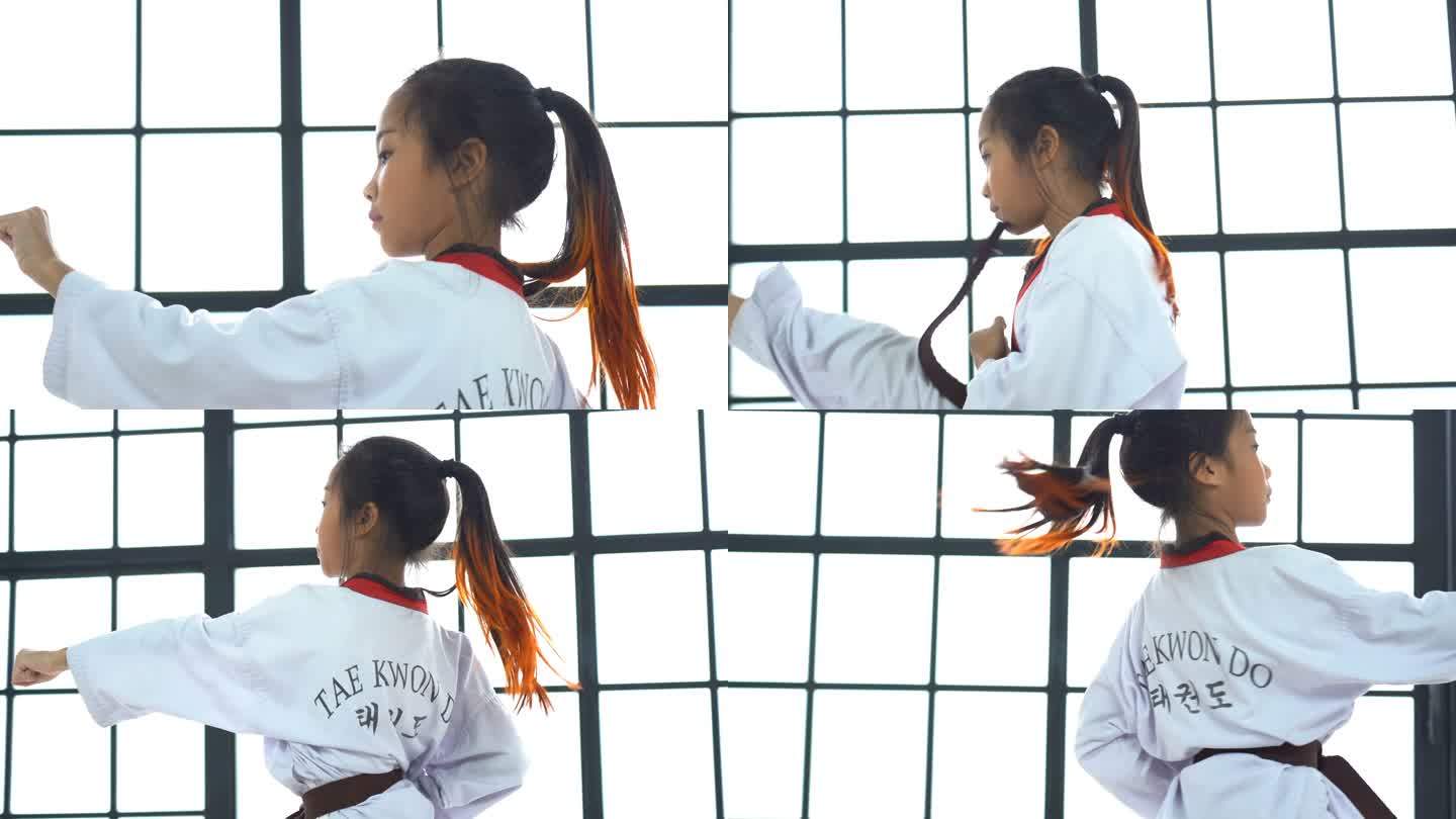 在工作室中拍摄亚洲女孩跆拳道的肖像