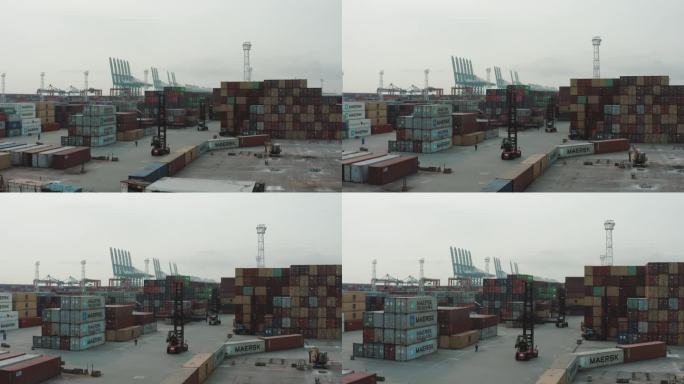 繁忙港口的集装箱无人机视图