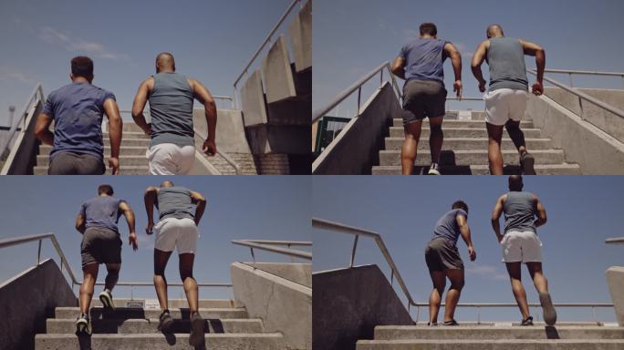两个健壮活跃的男子在跑上楼梯后感到疲倦，然后举杯庆祝。两个筋疲力尽的朋友在体育场台阶上锻炼，练习有氧