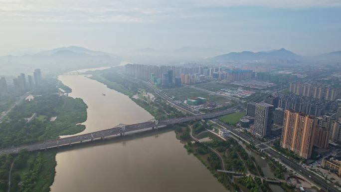 航拍上虞曹娥江日出美景