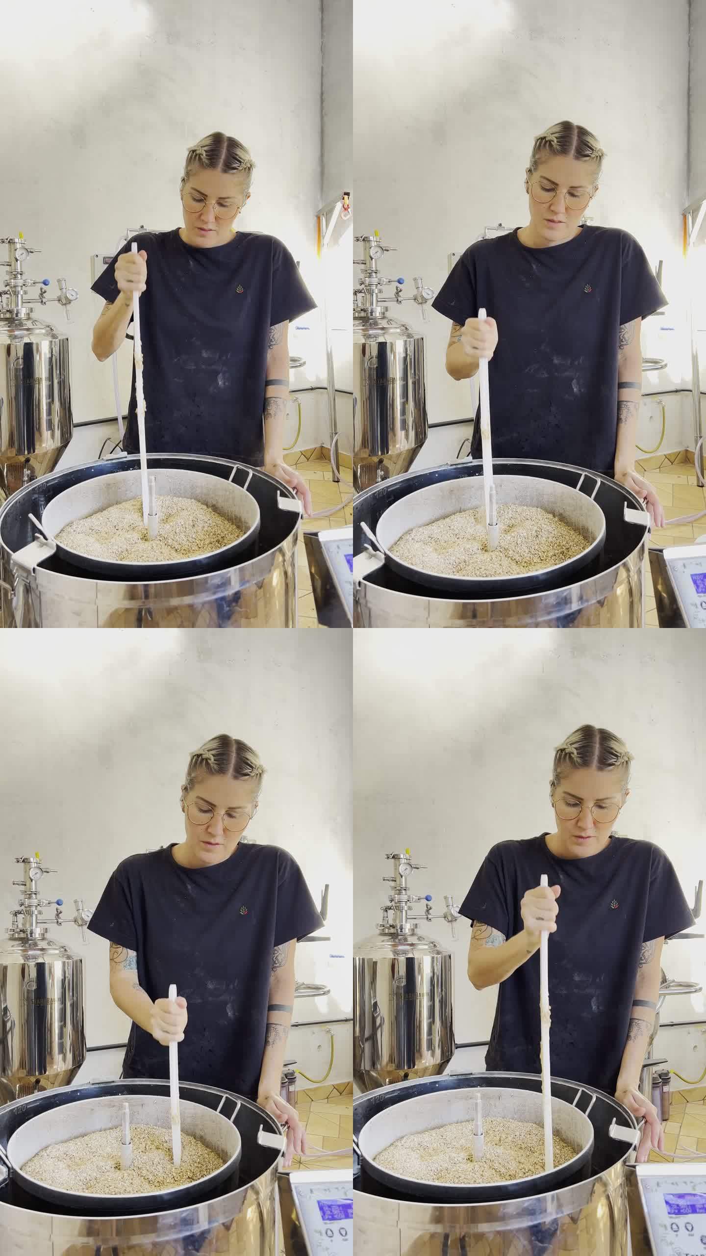女商人在罐子里混合大麦，用于生产工艺啤酒。