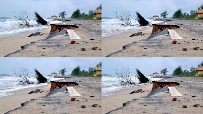 海边海水侵蚀过程中损坏的道路