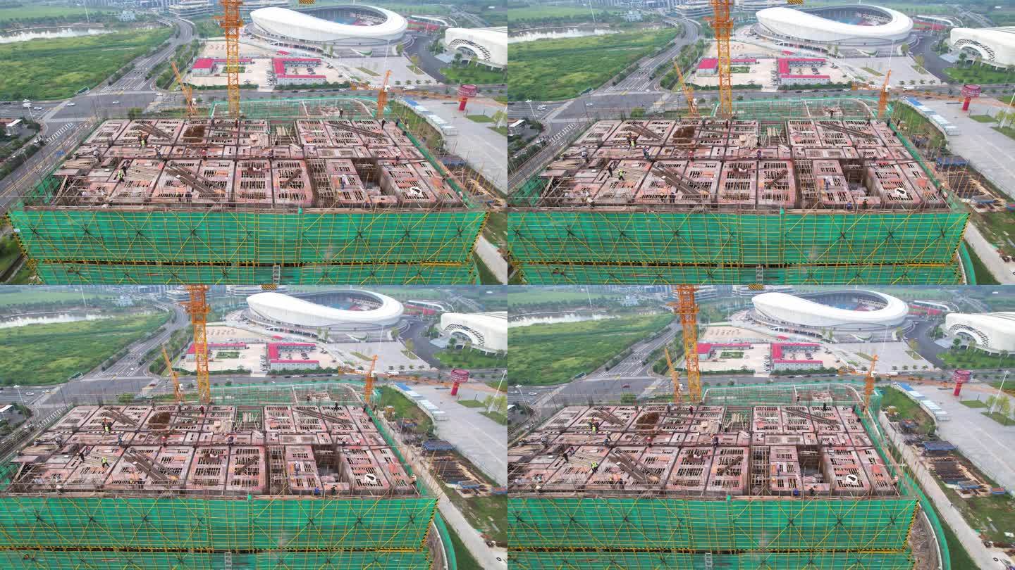 航拍上虞新体育中心 建筑工地