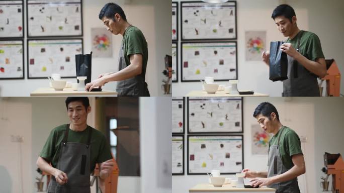 专业亚洲男中式咖啡师准备咖啡杯在明亮的房间里用磅秤称取样品