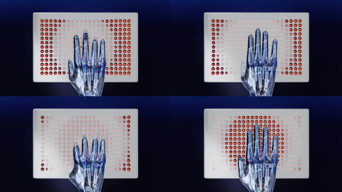 一个金属的人工智能机器人手轻敲量子计算机平板电脑的波浪形键盘。
