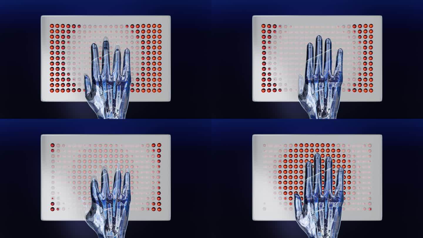 一个金属的人工智能机器人手轻敲量子计算机平板电脑的波浪形键盘。