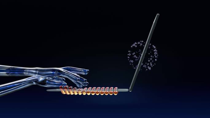 在旋转量子的深蓝色空间中，一只人工智能机器人的手轻触量子计算机笔记本电脑的波浪形键盘。
