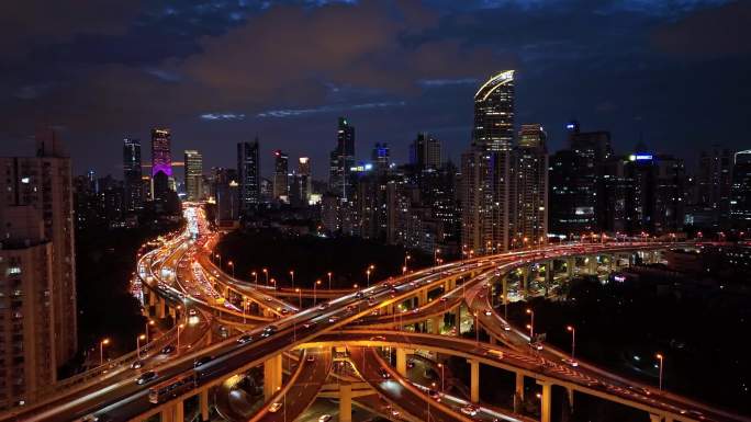 4K原创上海延安东路高架桥立交桥夜景航拍