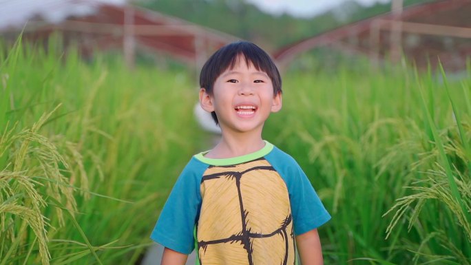 小孩在田野奔跑微笑