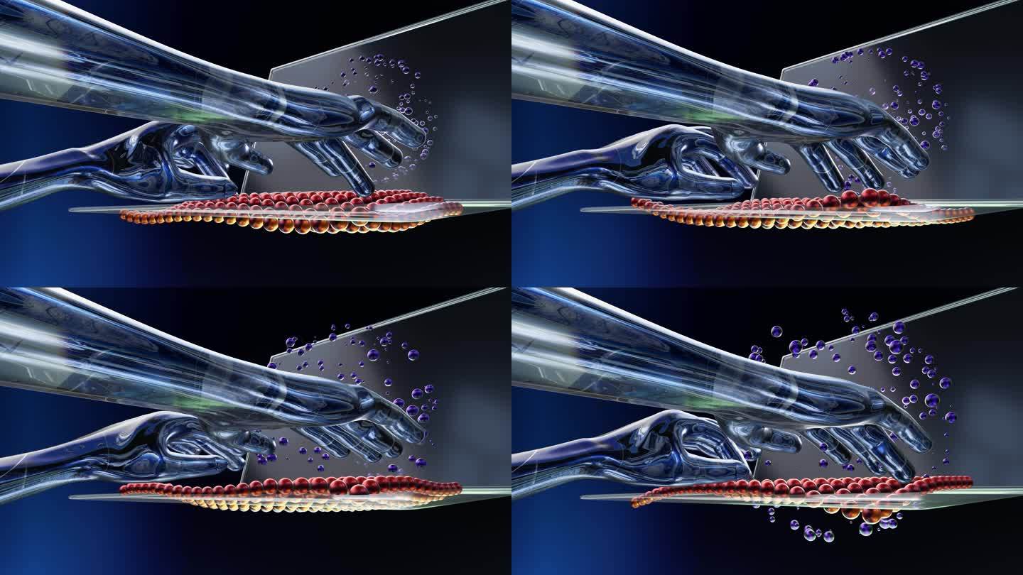 在旋转量子的深蓝色空间中，一只人工智能机器人的手轻触量子计算机笔记本电脑的波浪形键盘。