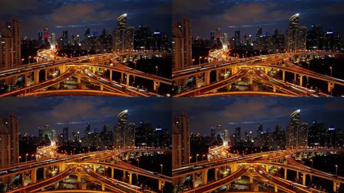 4K原创上海延安东路高架桥立交桥夜景航拍