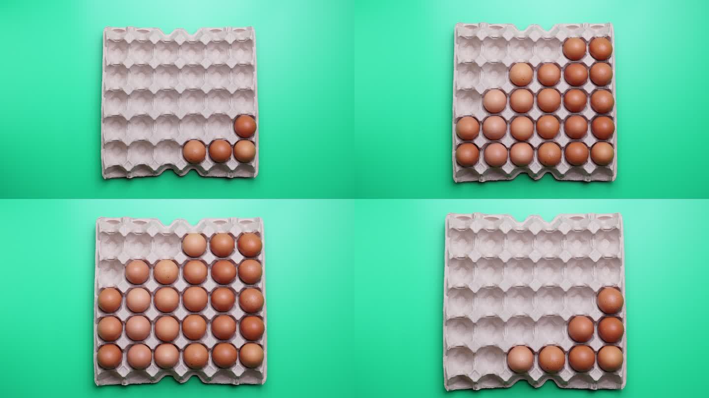 4k停止动作：一排棕色鸡蛋在绿色背景的纸板箱中移动