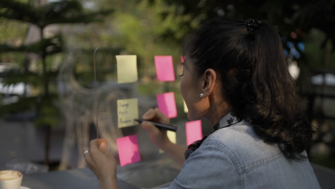 亚洲女性在贴在玻璃墙上的便签上写下想法。