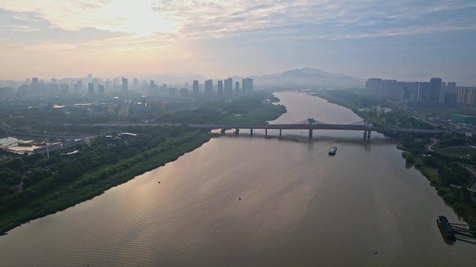 航拍上虞城区曹娥江清晨美景