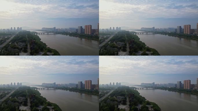 航拍上虞城区曹娥江清晨美景