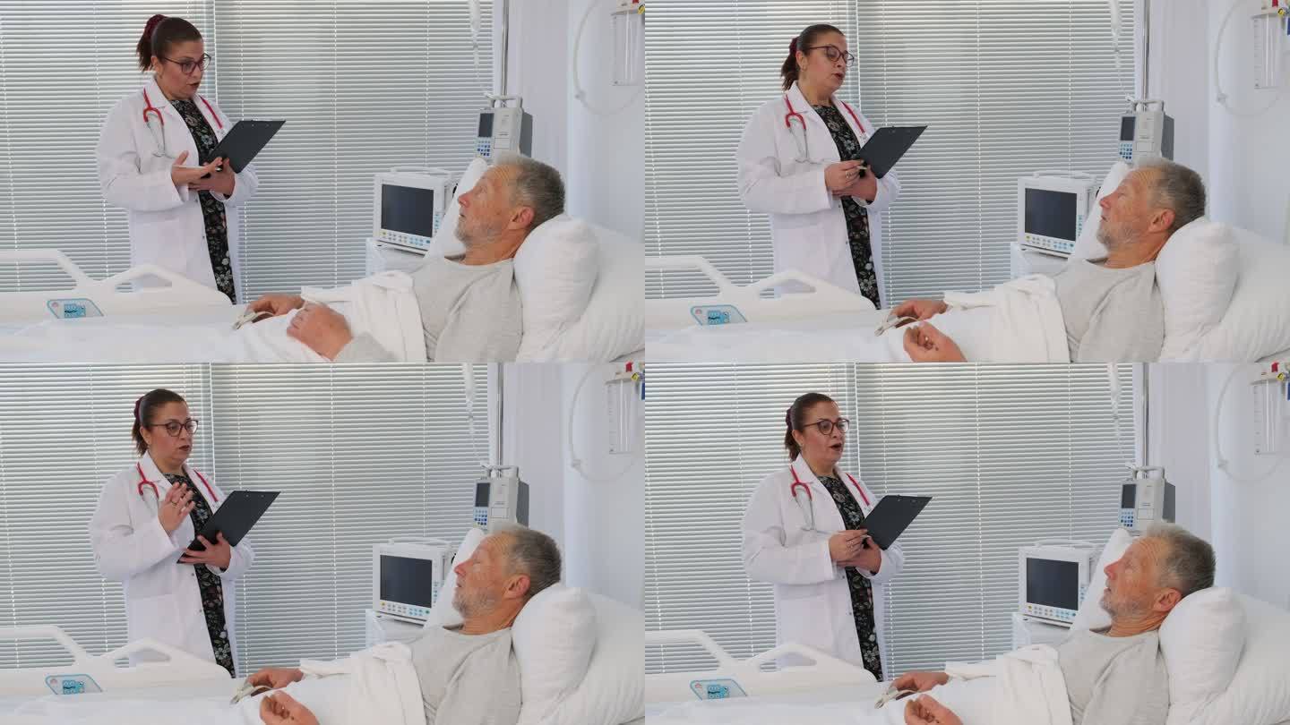 医院病房：友好的护士与躺在床上的老年男性患者交谈，检查她的生命，记录信息。