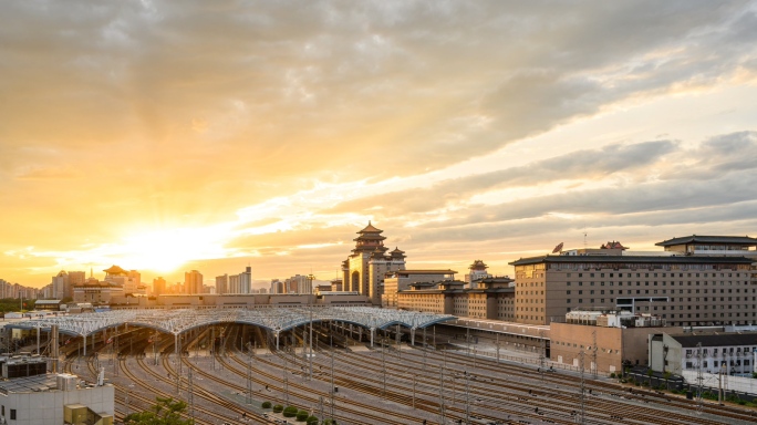 【原创】北京西站火车站高铁站日落晚霞延时