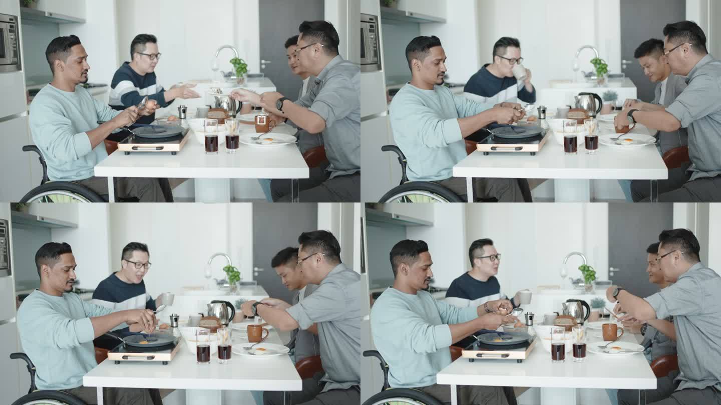 周末，一群亚洲男性朋友在公寓厨房烹饪早餐