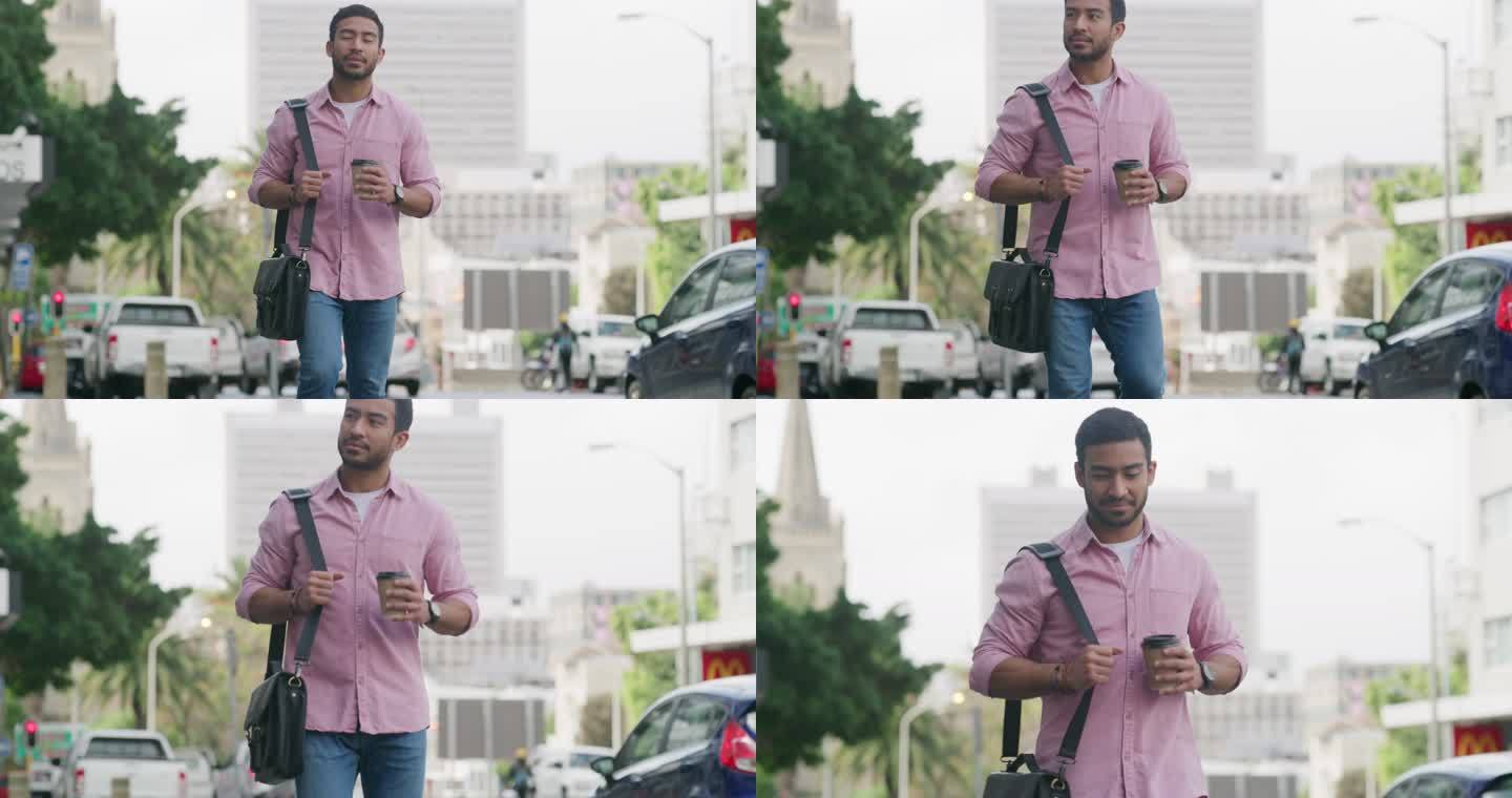 一名年轻商人上班途中喝咖啡的4k视频片段