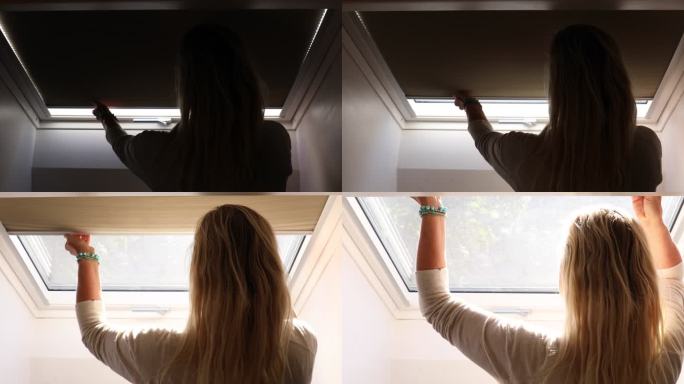 女人在天窗上竖起百叶窗