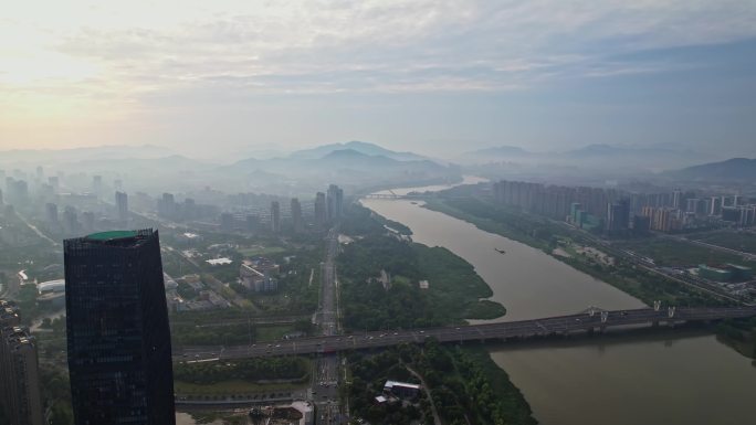 航拍上虞城区曹娥江清晨美景