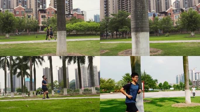公园草地跑步健身励志青年