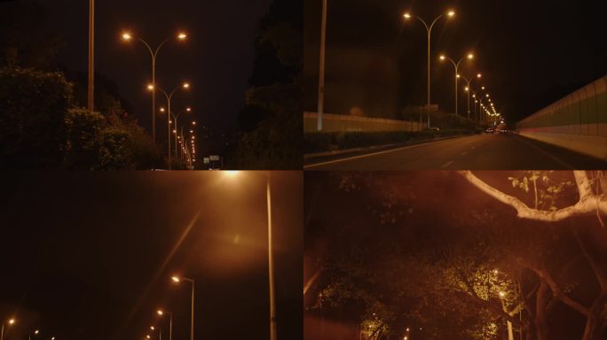 夜间城市桥上，道路上的路灯