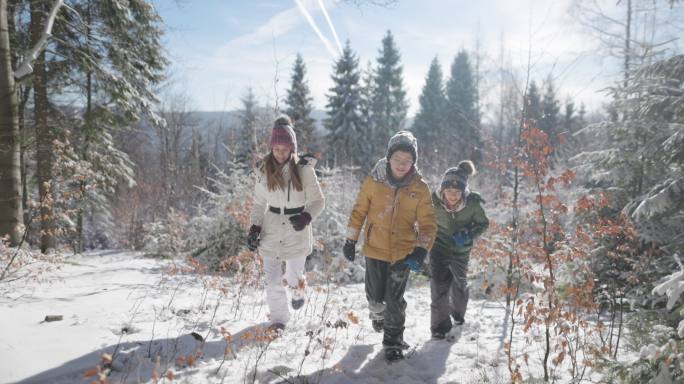 阳光明媚的日子里，快乐的孩子们在美丽的冬日森林里奔跑