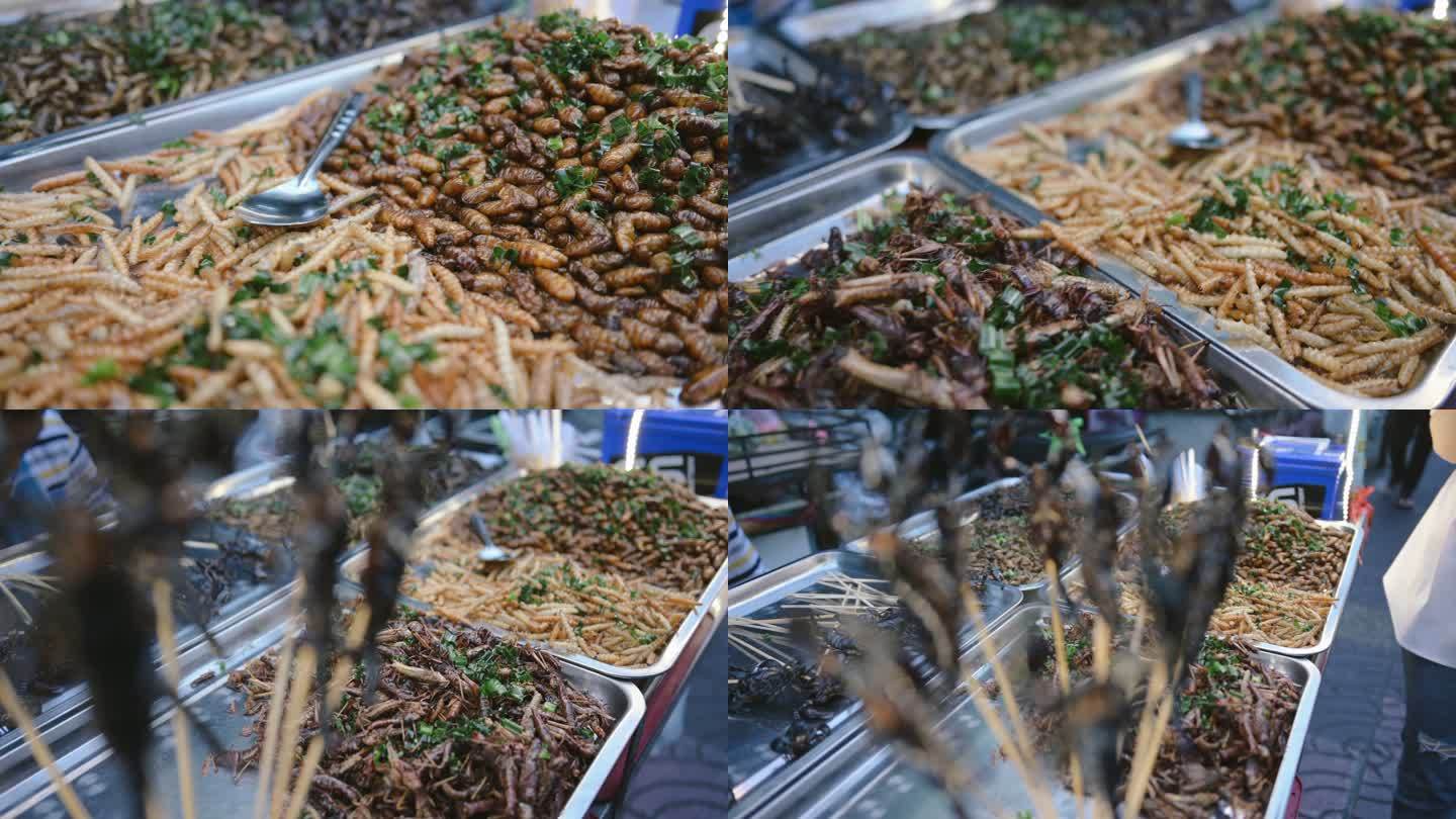 泰国曼谷街头美食炒虫蚱蜢蝎子毛虫