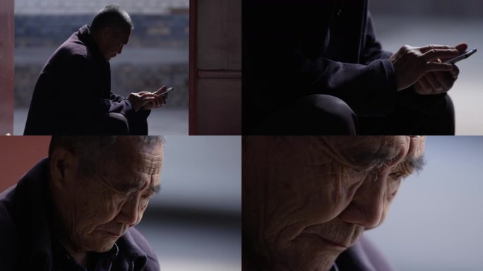 老人手，农村留守老人，孤独，看智能手机