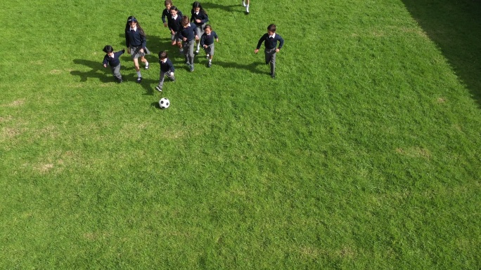 可爱的小学生在学校操场上踢足球