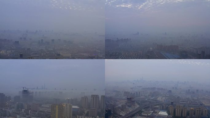 4K 上海 晨雾笼罩城市 航拍视频