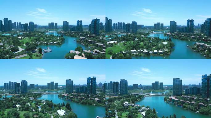 航拍成都市麓湖麓客岛公园城市生态绿化