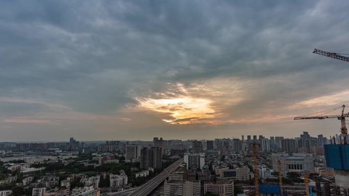 城市日出朝阳朝霞彩霞云层流云流动的云延时