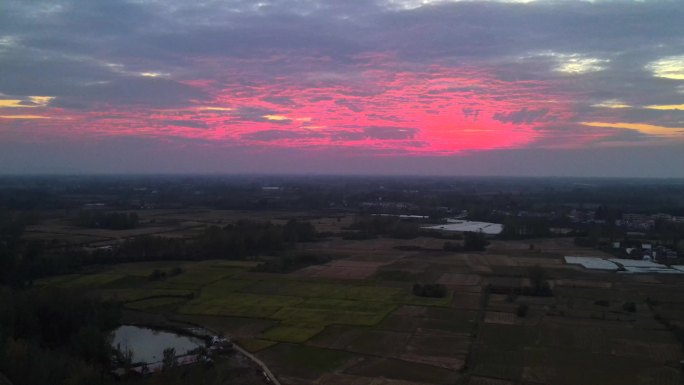 乡村夕阳晚霞火烧云航拍