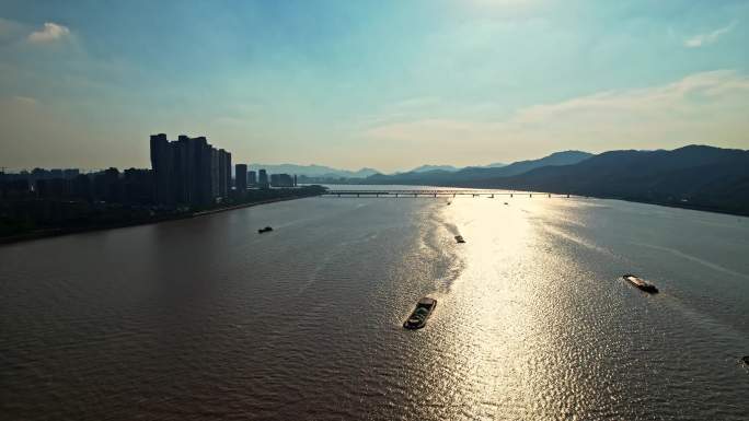 航拍杭州钱塘江大桥大全景