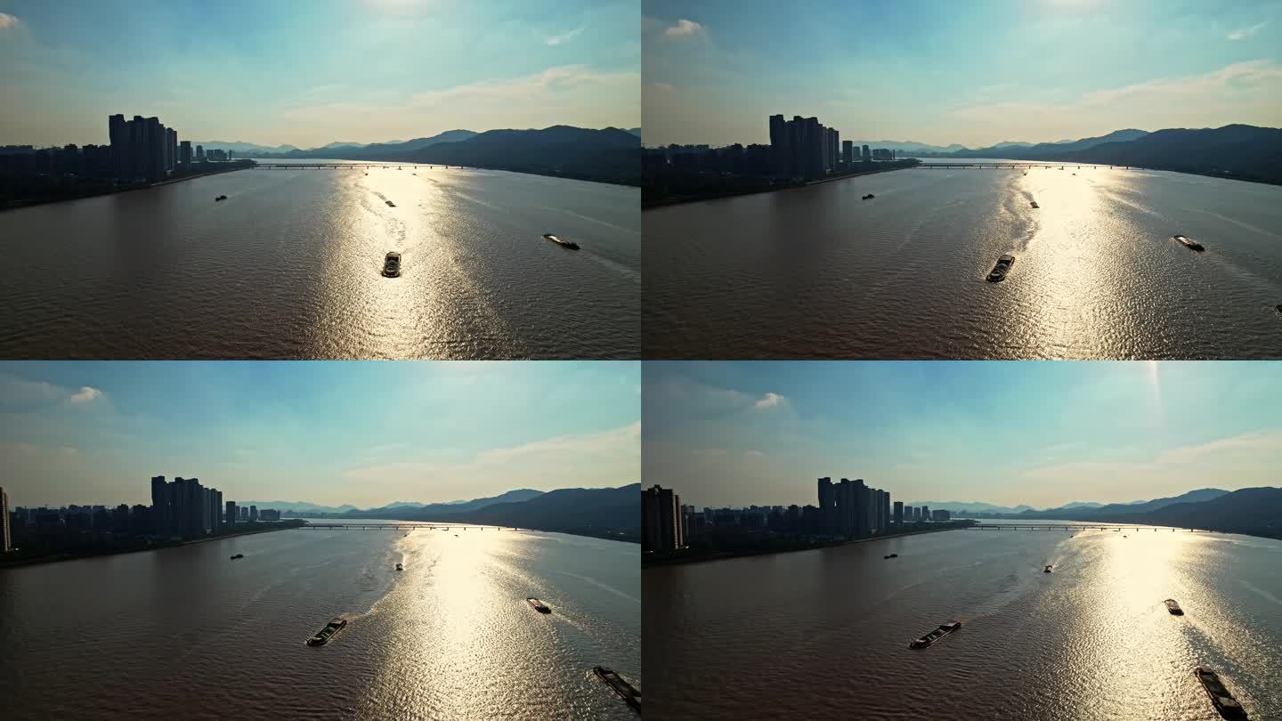 航拍杭州钱塘江大桥大全景