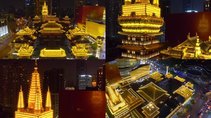 4K 上海夜景静安寺亮灯特写全景航拍视频