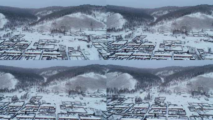 航拍大兴安岭下雪后山村人家