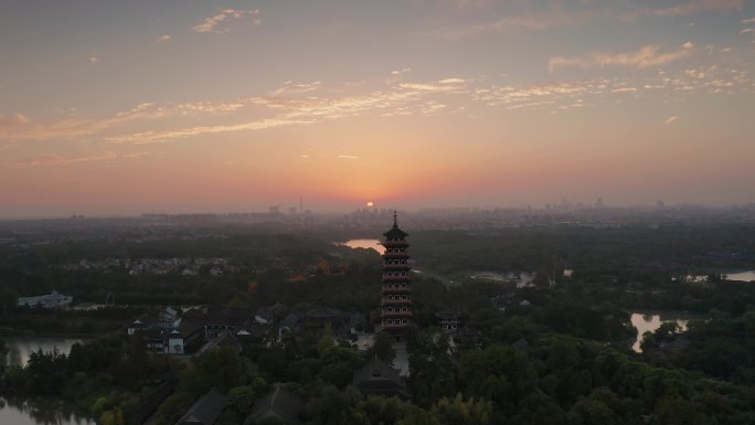 江苏省扬州市大明寺瘦西湖日出晨曦航拍