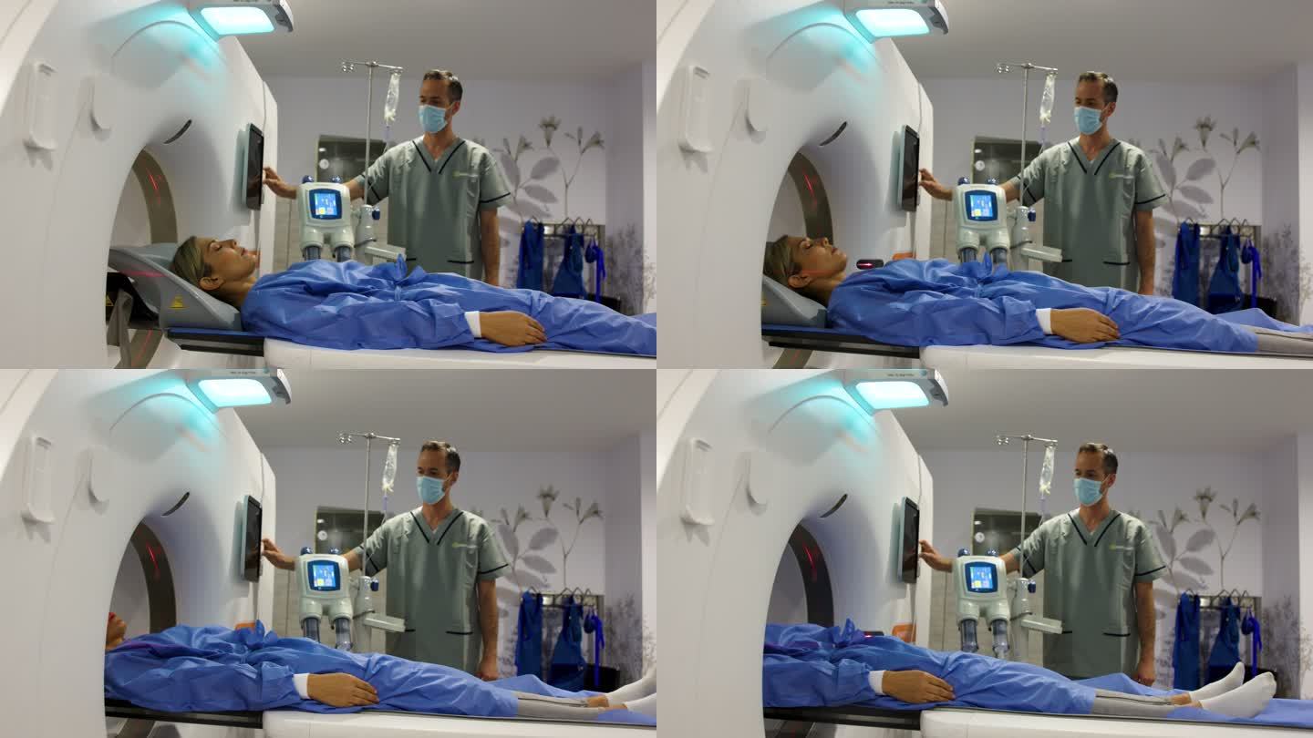 一名拉丁美洲妇女在医院接受核磁共振扫描