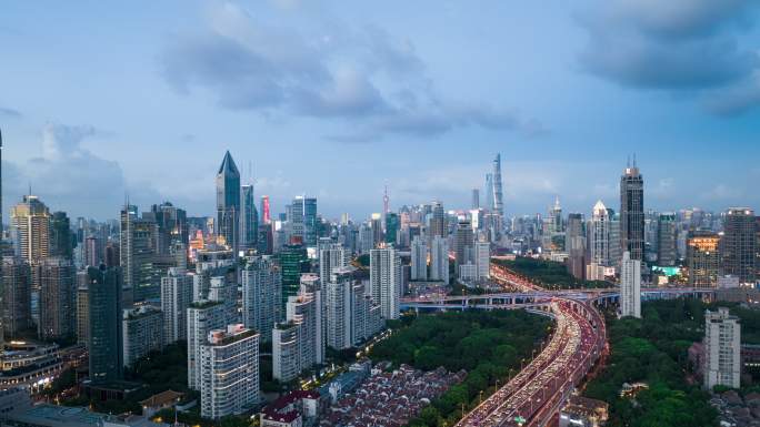 上海延安路高架望向陆家嘴夜景航拍延时